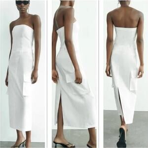 ZARA Strapless Cargo Pocket Midi Dress White Minimalist Y2k Style White Party